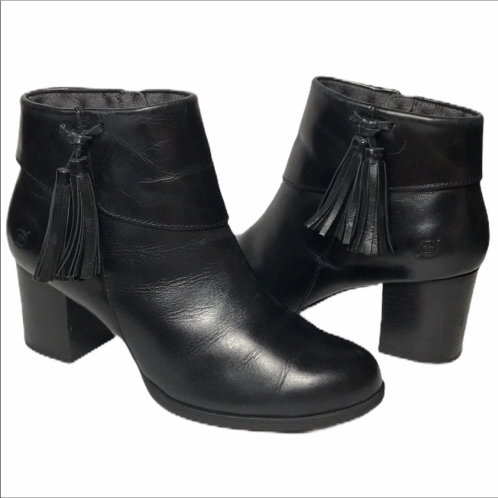 Born Black Leather Zip Tassel Ankle Boots Size 10
